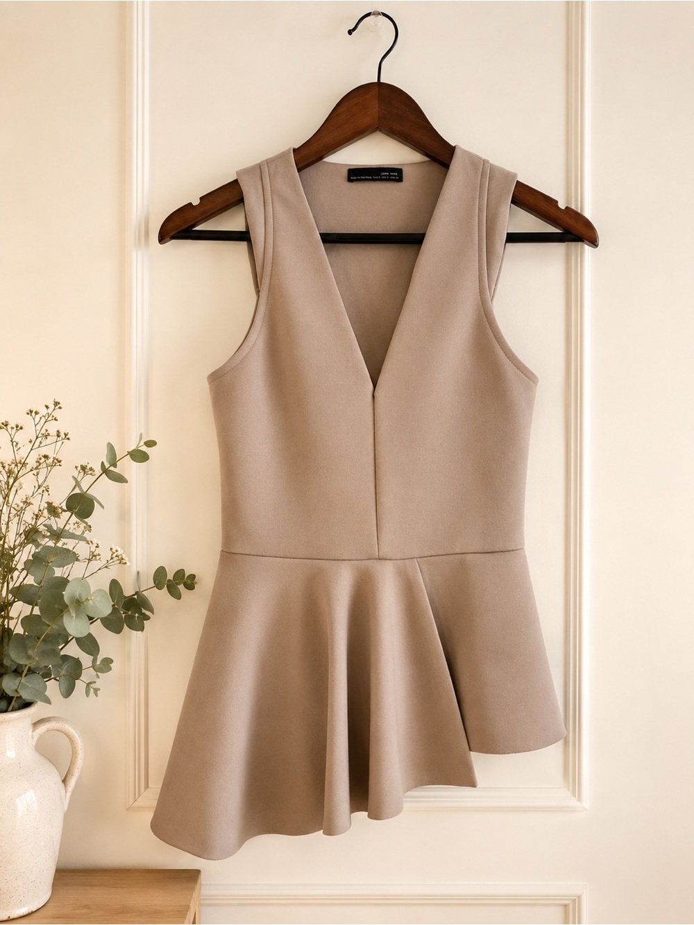 Zara W&B Taupe Asymmetrical Peplum Scuba Top Office Siren Quiet Luxury